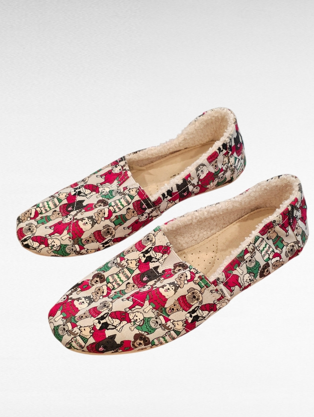 TOMS Slip On Flats Holiday Sweater Dogs Faux Shearling Glacier Grey 8